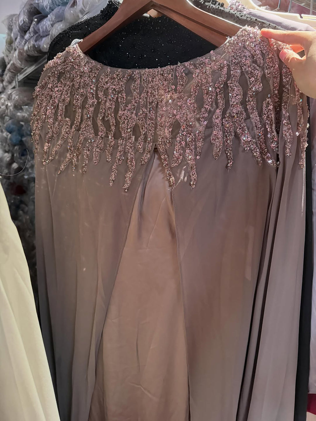 Luxury Green Beaded Cape Long Sleeve Satin Mermaid Dress LA73683