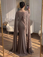 Luxury Green Beaded Cape Long Sleeve Satin Mermaid Dress LA73683