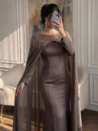 Luxury Green Beaded Cape Long Sleeve Satin Mermaid Dress LA73683