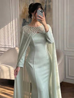 Luxury Green Beaded Cape Long Sleeve Satin Mermaid Dress LA73683