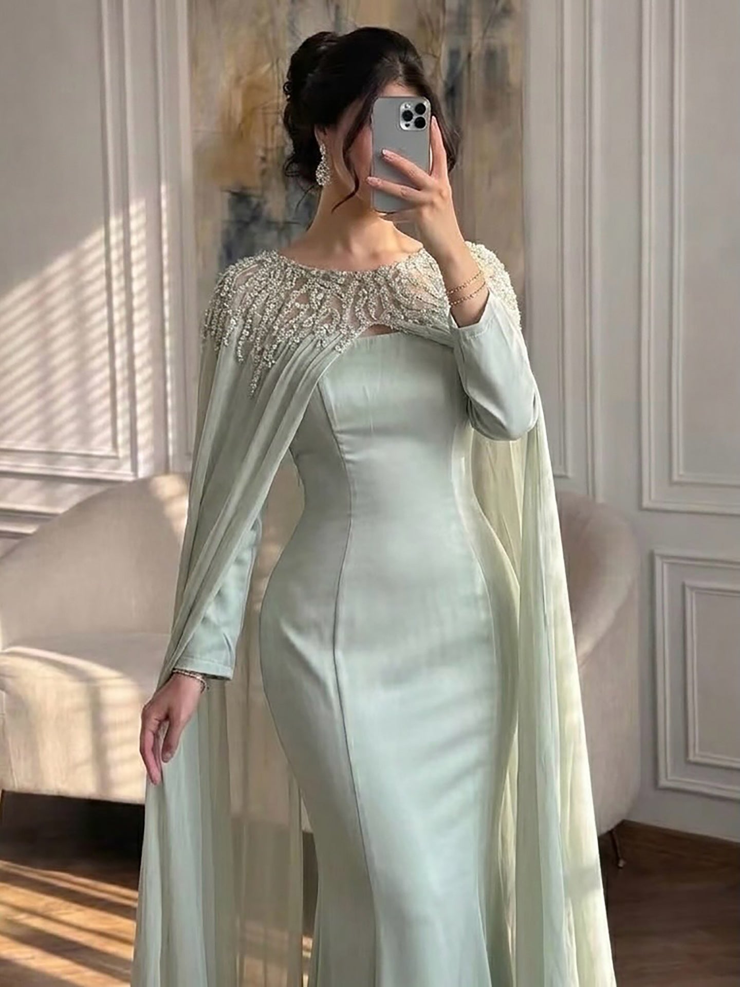 Luxury Green Beaded Cape Long Sleeve Satin Mermaid Dress LA73683