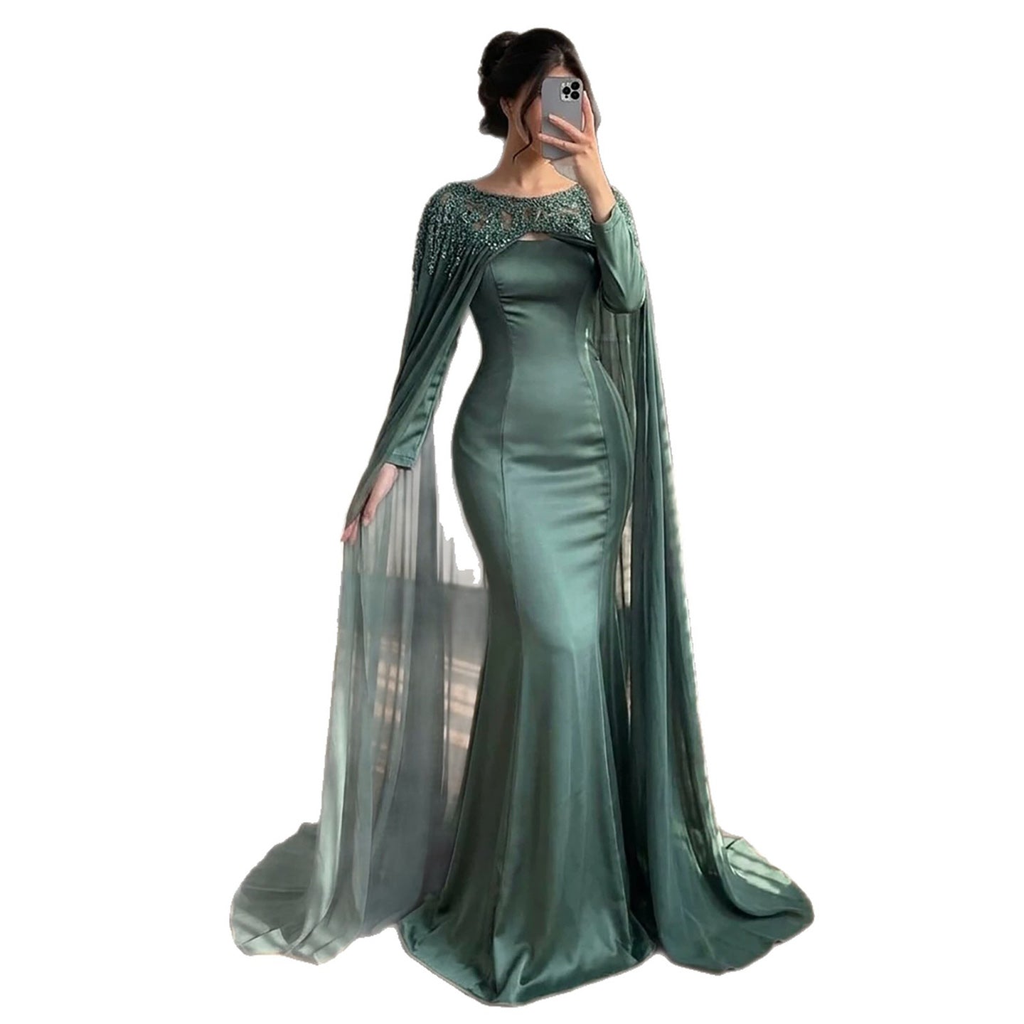 Luxury Green Beaded Cape Long Sleeve Satin Mermaid Dress LA73683