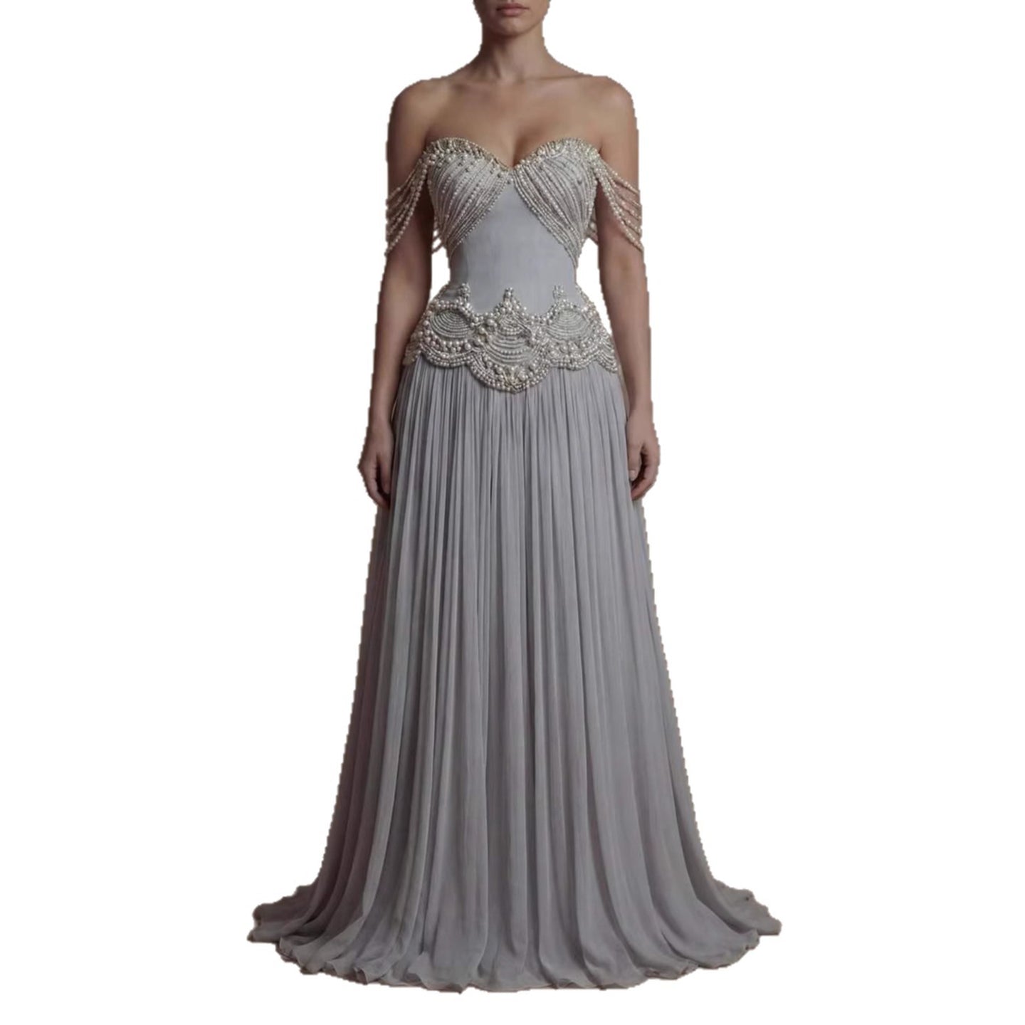Luxury Gray Pearl Beaded Strapless A-Line Evening Dress CLA73684