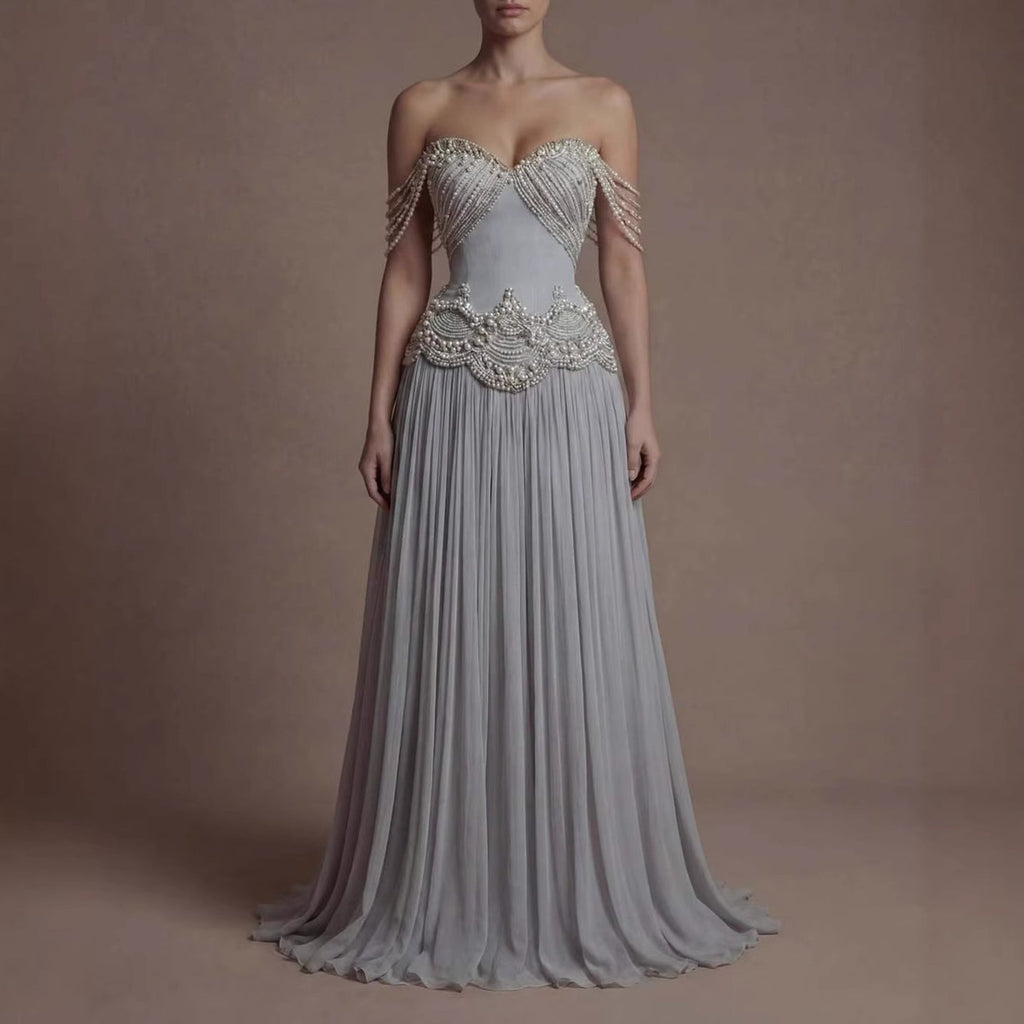 Luxury Gray Pearl Beaded Strapless A-Line Evening Dress CLA73684