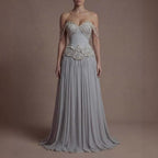 Luxury Gray Pearl Beaded Strapless A-Line Evening Dress CLA73684
