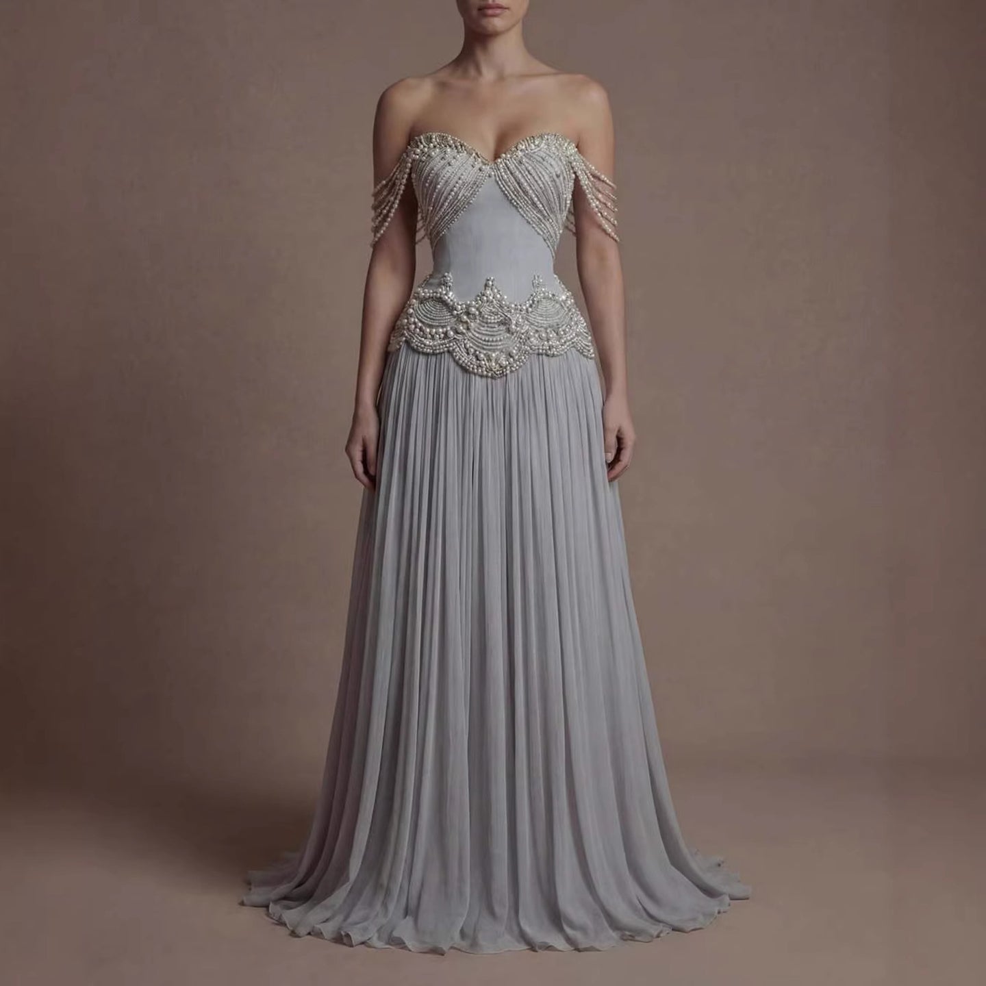 Luxury Gray Pearl Beaded Strapless A-Line Evening Dress CLA73684