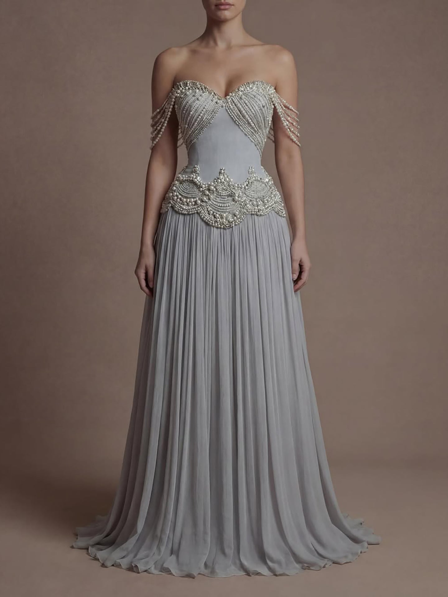 Luxury Gray Pearl Beaded Strapless A-Line Evening Dress CLA73684
