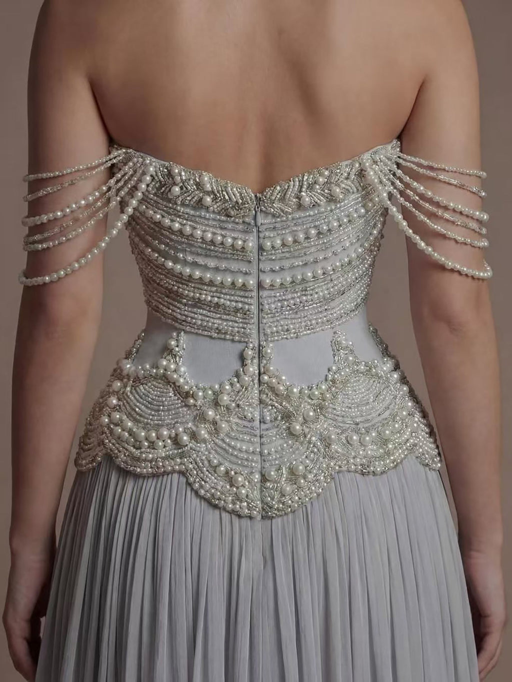 Luxury Gray Pearl Beaded Strapless A-Line Evening Dress CLA73684
