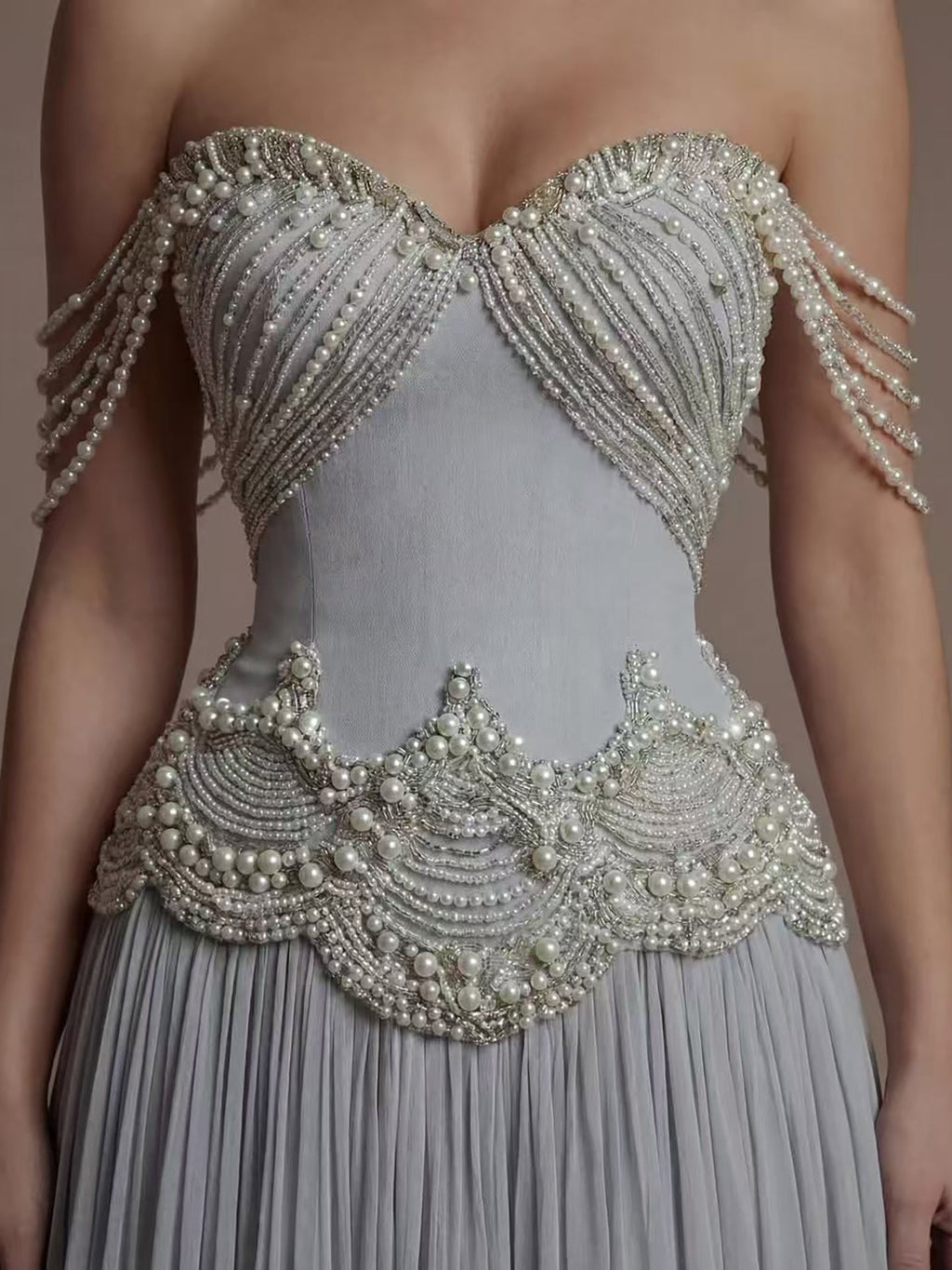 Luxury Gray Pearl Beaded Strapless A-Line Evening Dress CLA73684