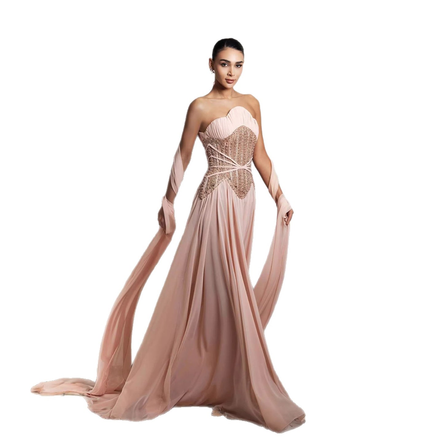 Luxury Pink Pearls Beaded Strapless A-Line Evening Dress CLA73685