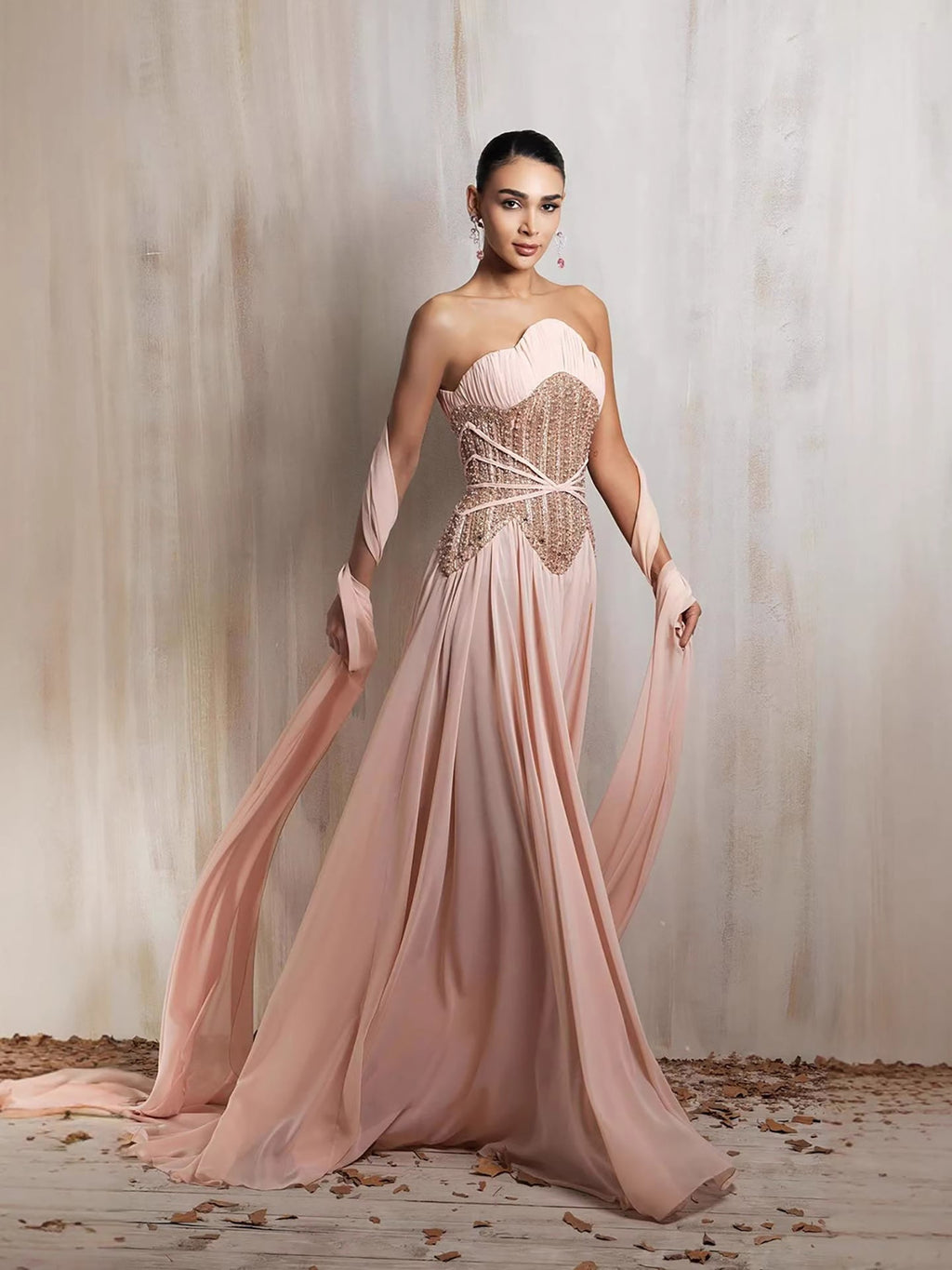 Luxury Pink Pearls Beaded Strapless A-Line Evening Dress CLA73685
