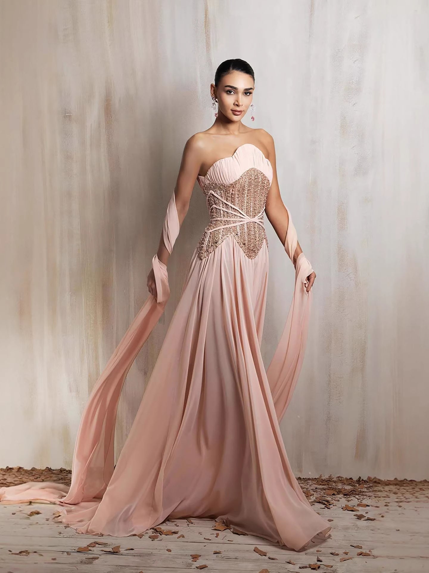 Luxury Pink Pearls Beaded Strapless A-Line Evening Dress CLA73685