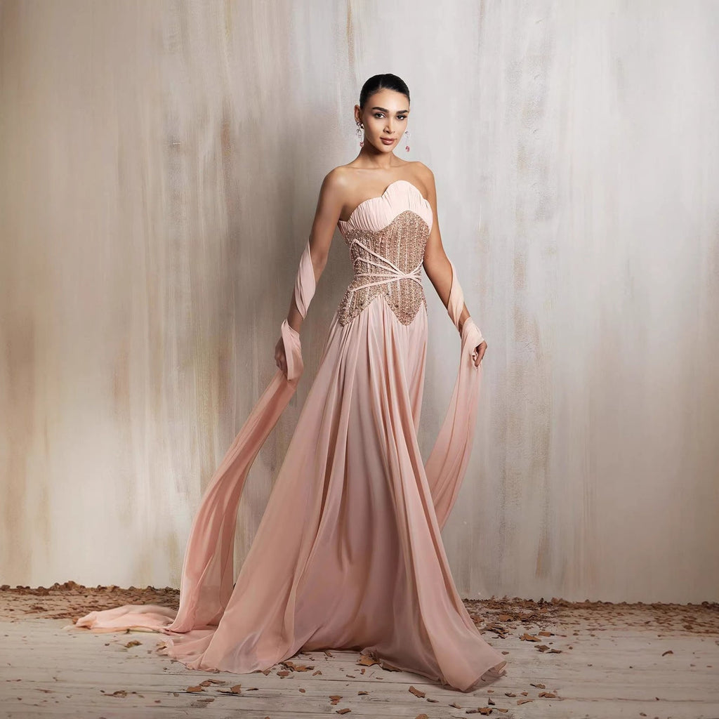 Luxury Pink Pearls Beaded Strapless A-Line Evening Dress CLA73685