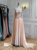 Luxury Peach Pearls Beaded Strapless A Line Evening Dress LA73685