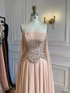 Luxury Peach Pearls Beaded Strapless A Line Evening Dress LA73685