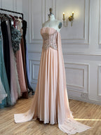 Luxury Peach Pearls Beaded Strapless A Line Evening Dress LA73685