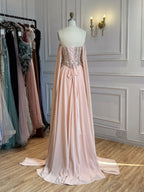 Luxury Peach Pearls Beaded Strapless A Line Evening Dress LA73685