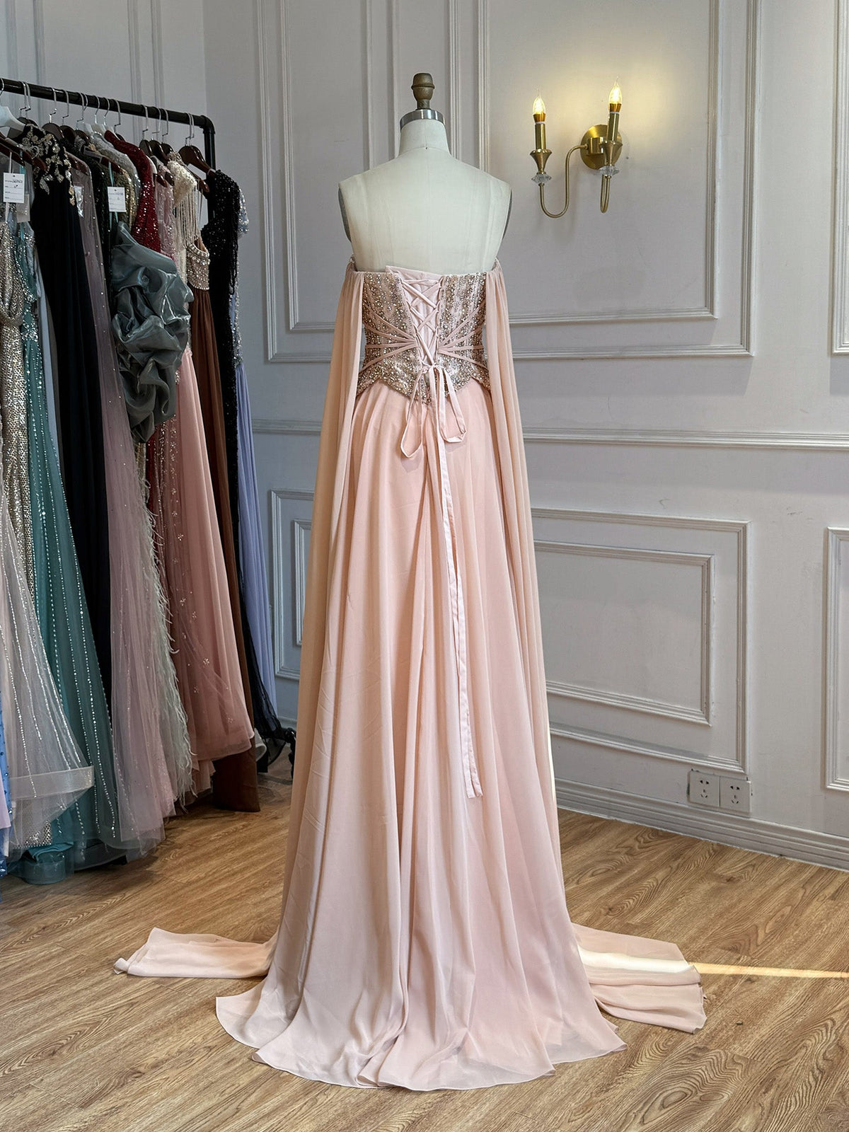 Luxury Peach Pearls Beaded Strapless A Line Evening Dress LA73685