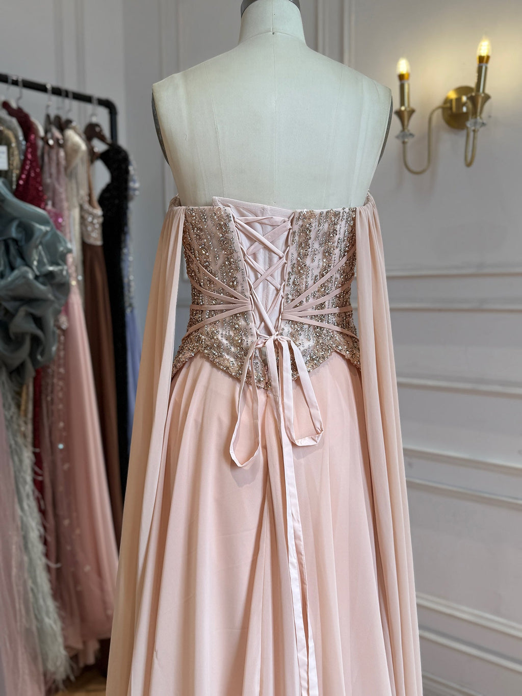 Luxury Peach Pearls Beaded Strapless A Line Evening Dress LA73685