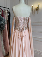 Luxury Peach Pearls Beaded Strapless A Line Evening Dress LA73685