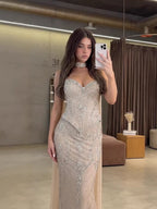 Luxury Nude Crystal Beaded Mermaid Evening Dress CLA73686