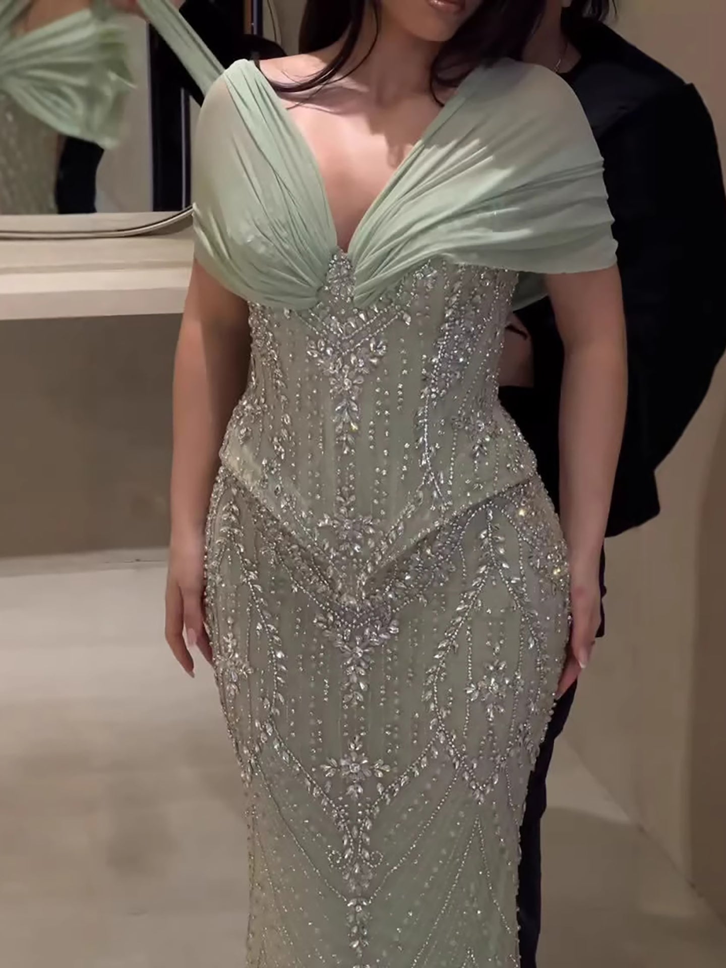 Luxury Nude Crystal Beaded Mermaid Evening Dress CLA73686