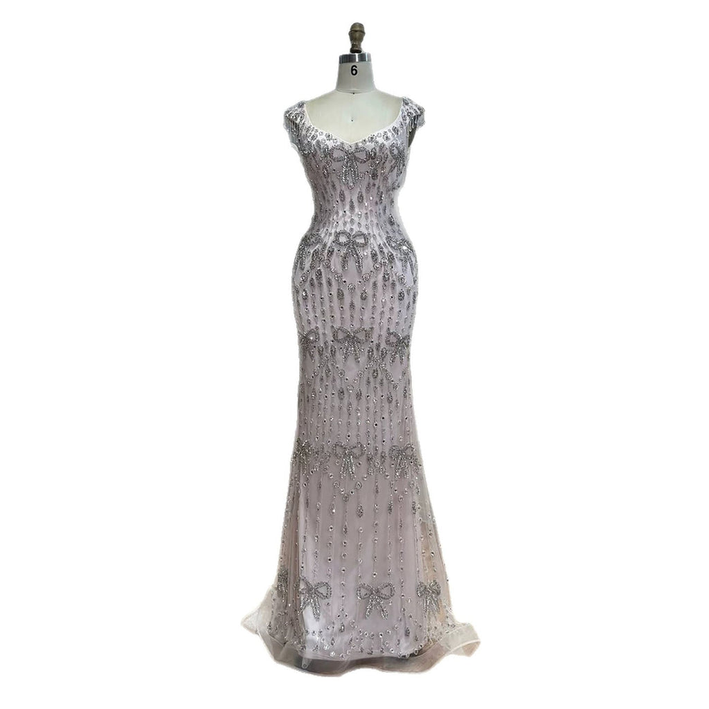 Luxury Pink Crystal Tassel Beaded Bow Mermaid Evening Dress LA73696A