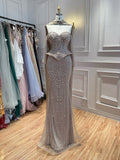 Luxury Caramel  Crystal Beaded Mermaid Off Shoulder Evening Dress CLA73686A