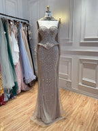 Luxury Caramel  Crystal Beaded Mermaid Off Shoulder Evening Dress CLA73686A