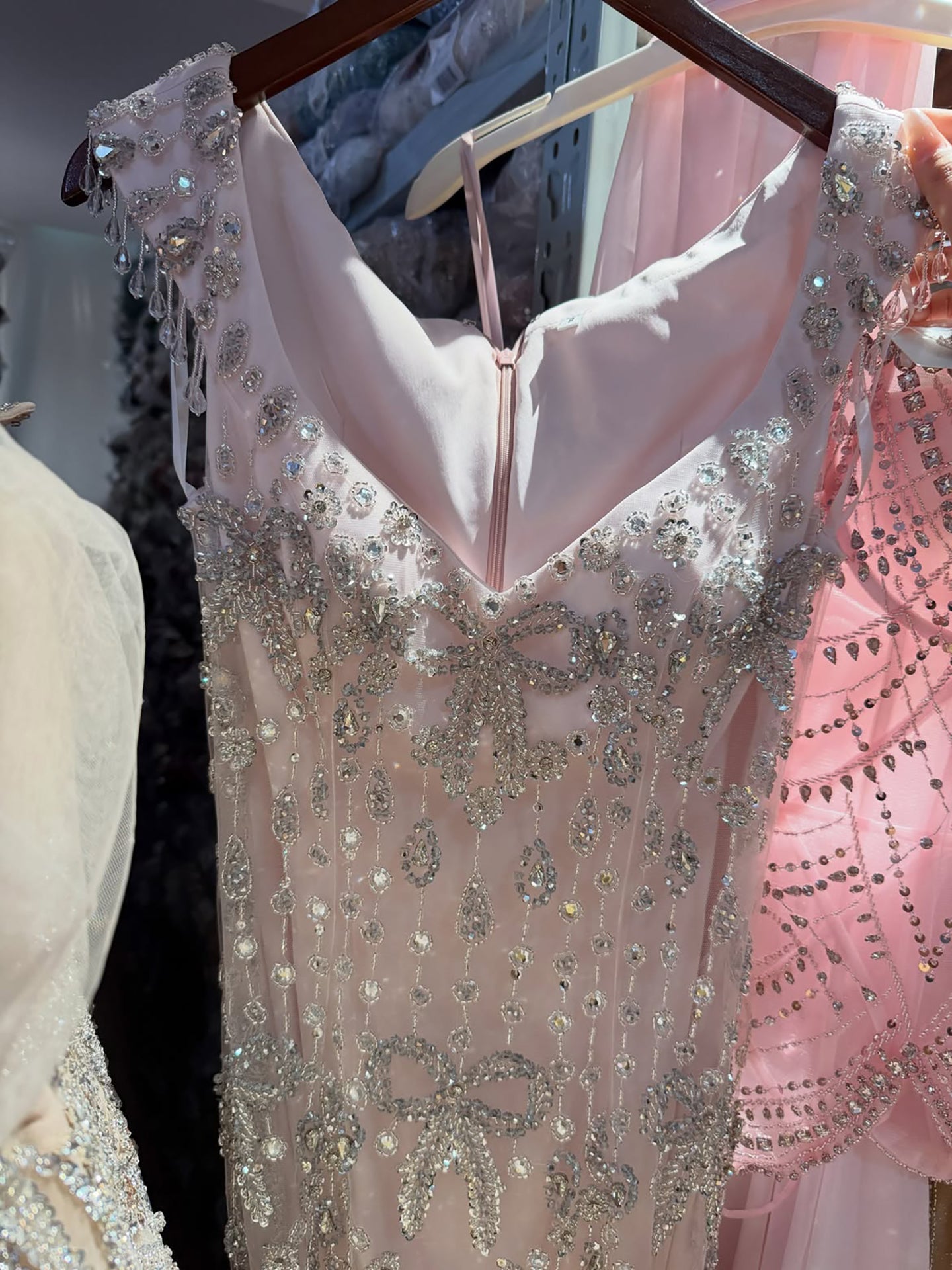Luxury Pink Crystal Tassel Beaded Bow Mermaid Evening Dress LA73696A