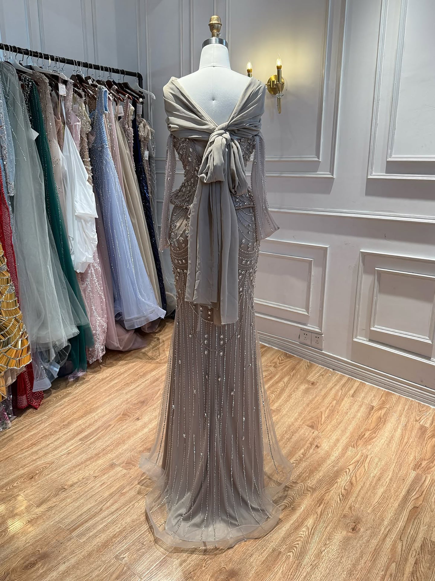 Luxury Caramel  Crystal Beaded Mermaid Off Shoulder Evening Dress CLA73686A