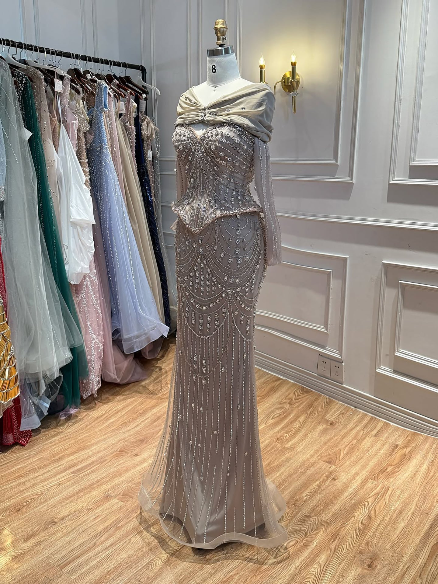 Luxury Caramel  Crystal Beaded Mermaid Off Shoulder Evening Dress CLA73686A