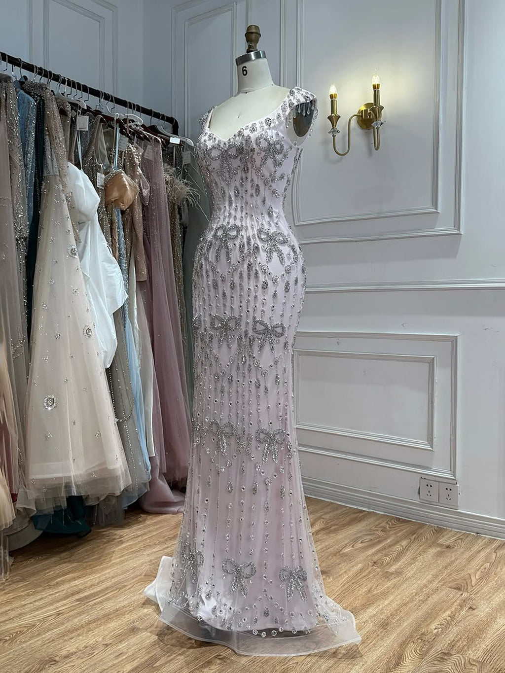 Luxury Pink Crystal Tassel Beaded Bow Mermaid Evening Dress LA73696A