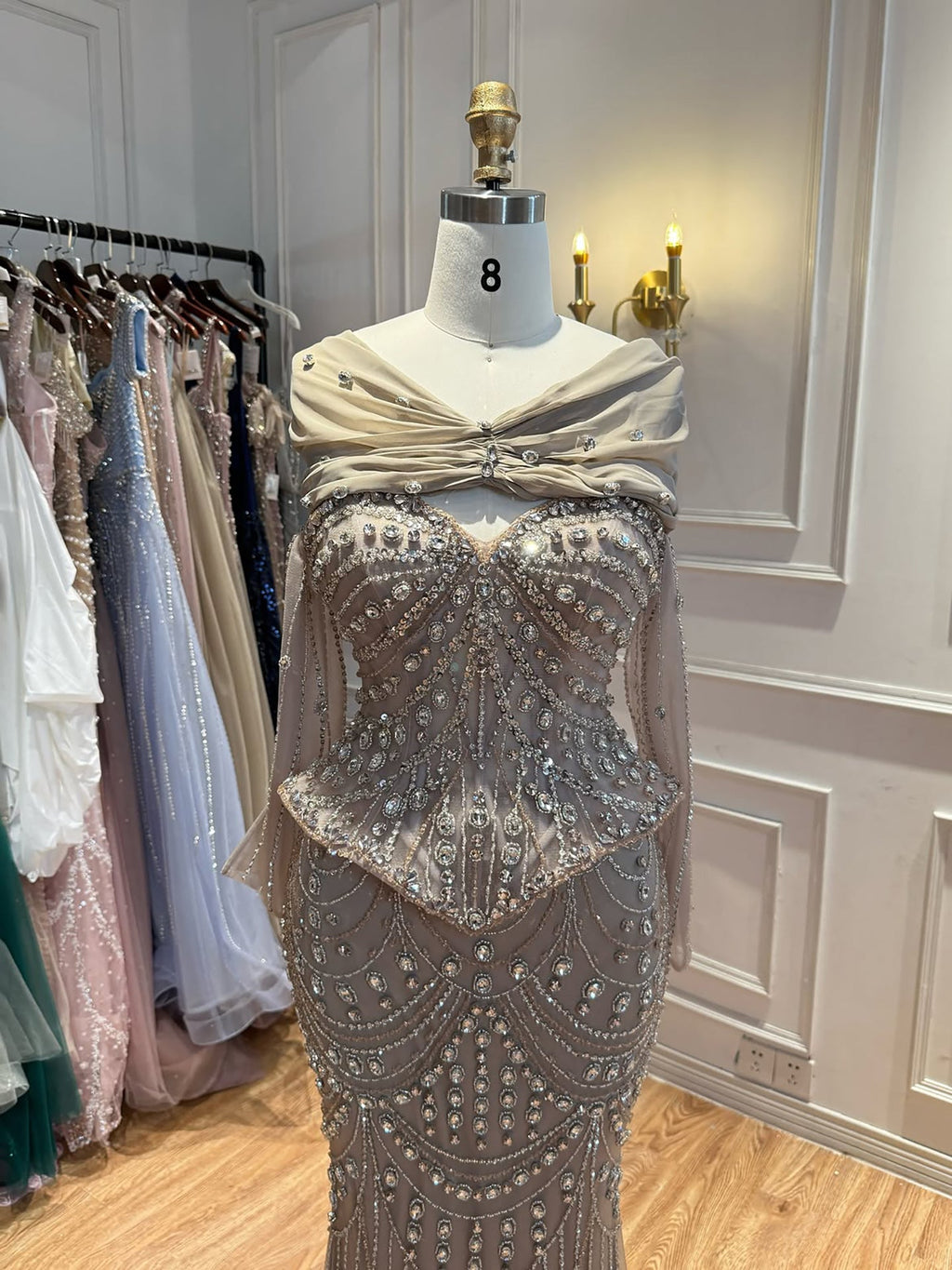 Luxury Caramel  Crystal Beaded Mermaid Off Shoulder Evening Dress CLA73686A