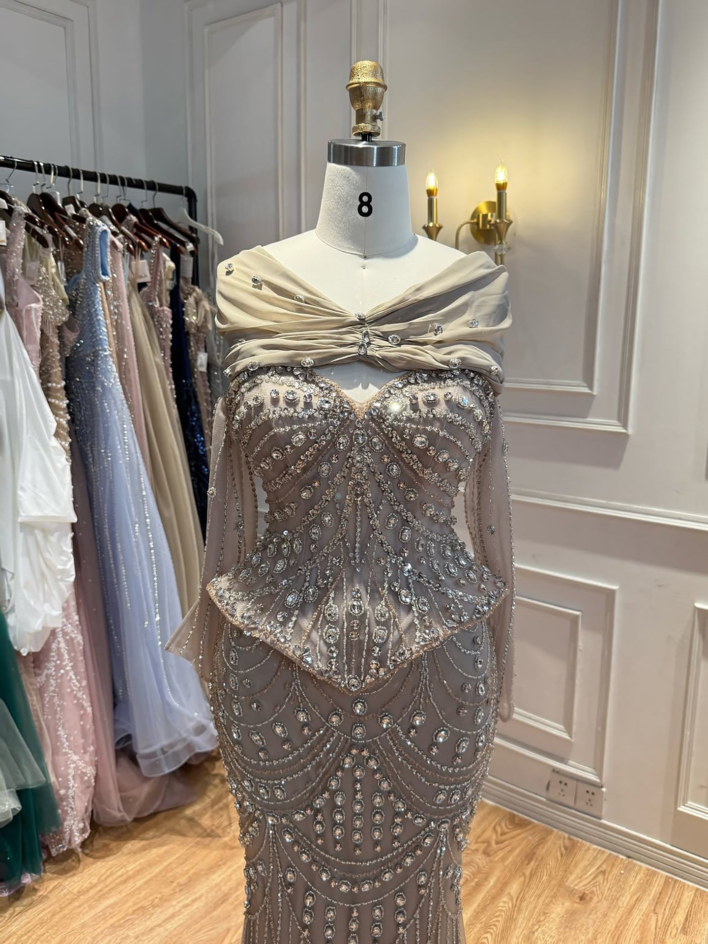 Luxury Caramel  Crystal Beaded Mermaid Off Shoulder Evening Dress CLA73686A
