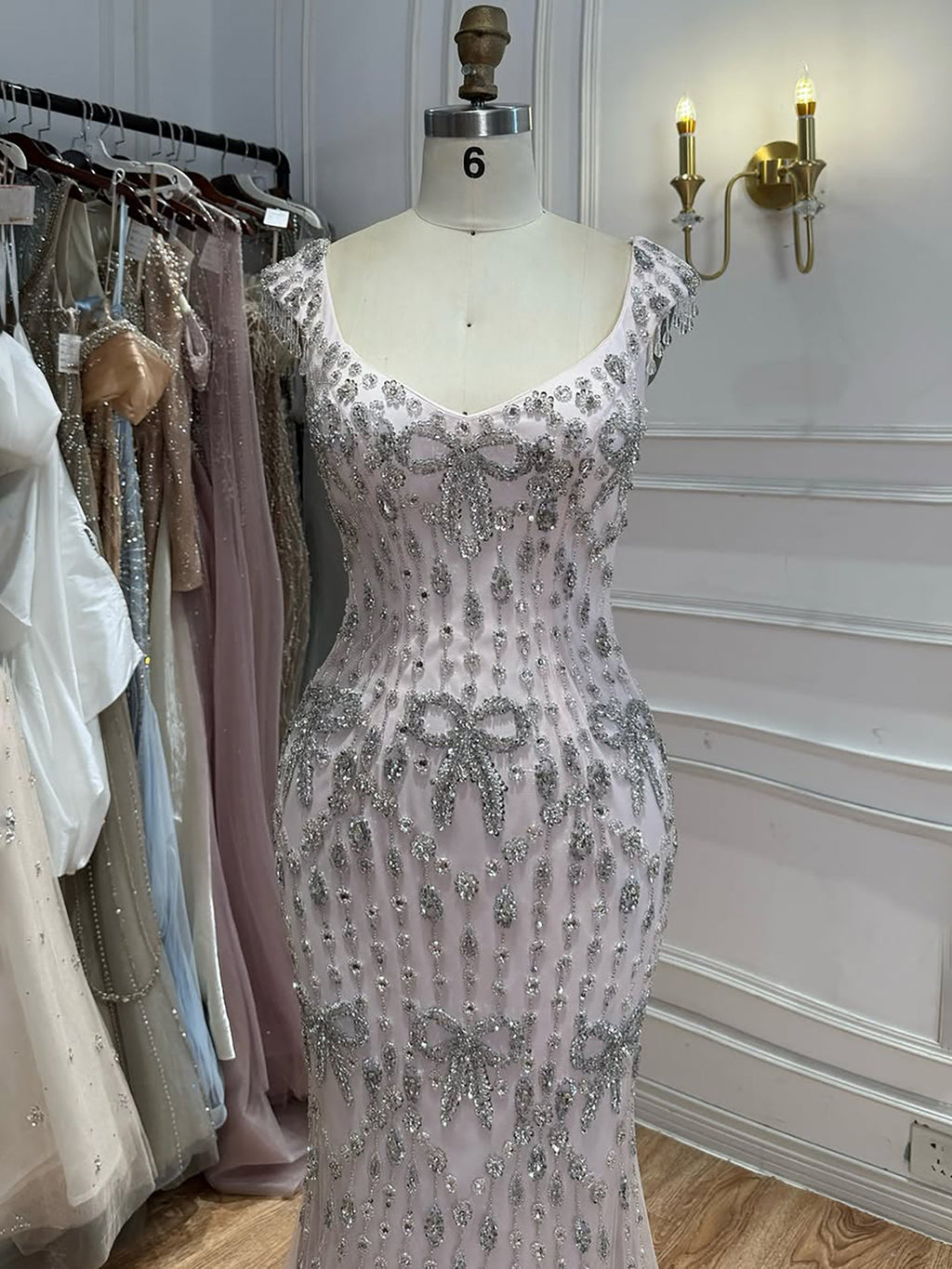 Luxury Pink Crystal Tassel Beaded Bow Mermaid Evening Dress LA73696A