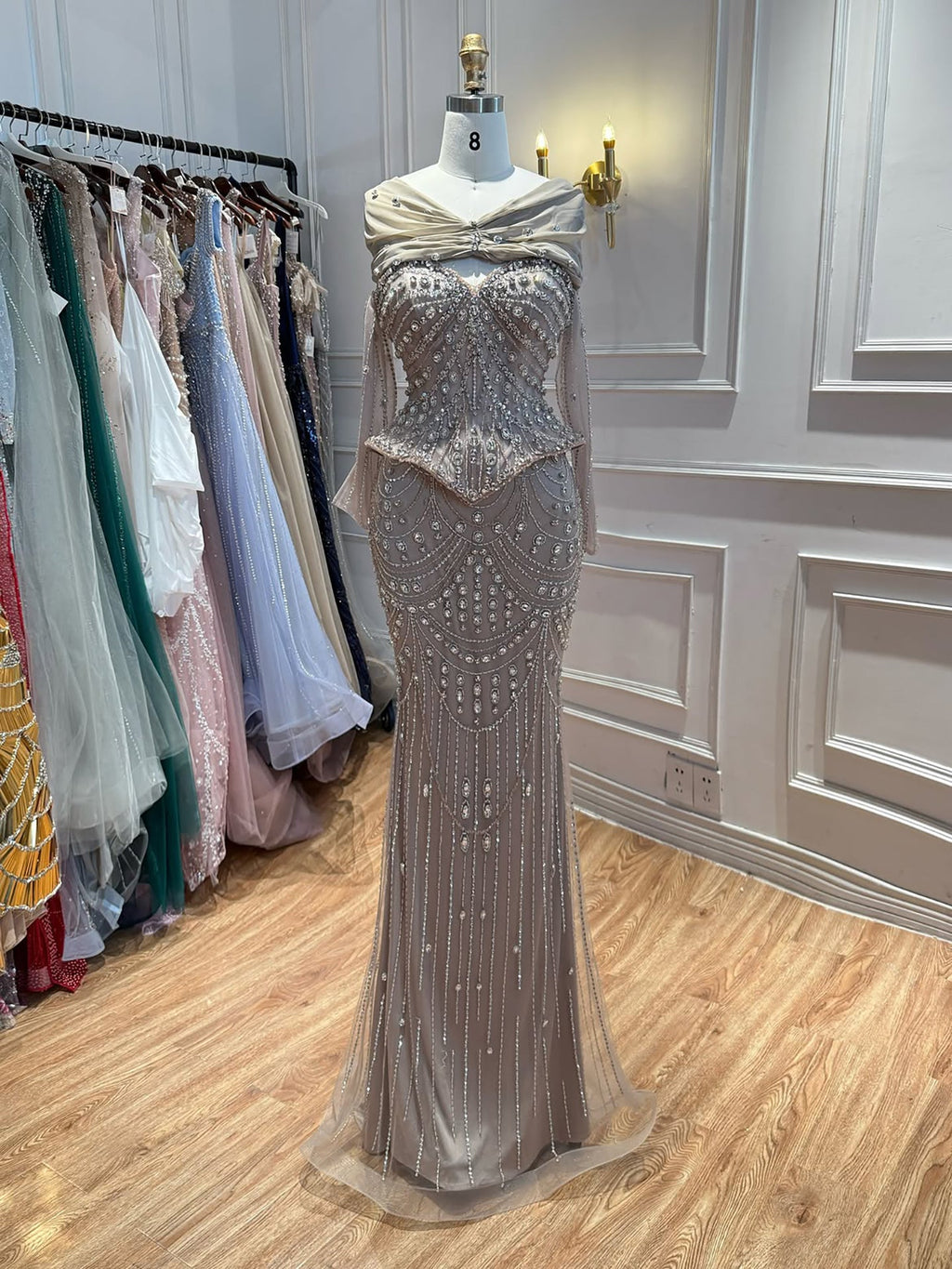 Luxury Caramel  Crystal Beaded Mermaid Off Shoulder Evening Dress CLA73686A