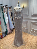 Luxury Caramel  Crystal Beaded Mermaid Off Shoulder Evening Dress CLA73686A