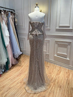 Luxury Caramel  Crystal Beaded Mermaid Off Shoulder Evening Dress CLA73686A