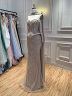 Luxury Caramel  Crystal Beaded Mermaid Off Shoulder Evening Dress CLA73686A