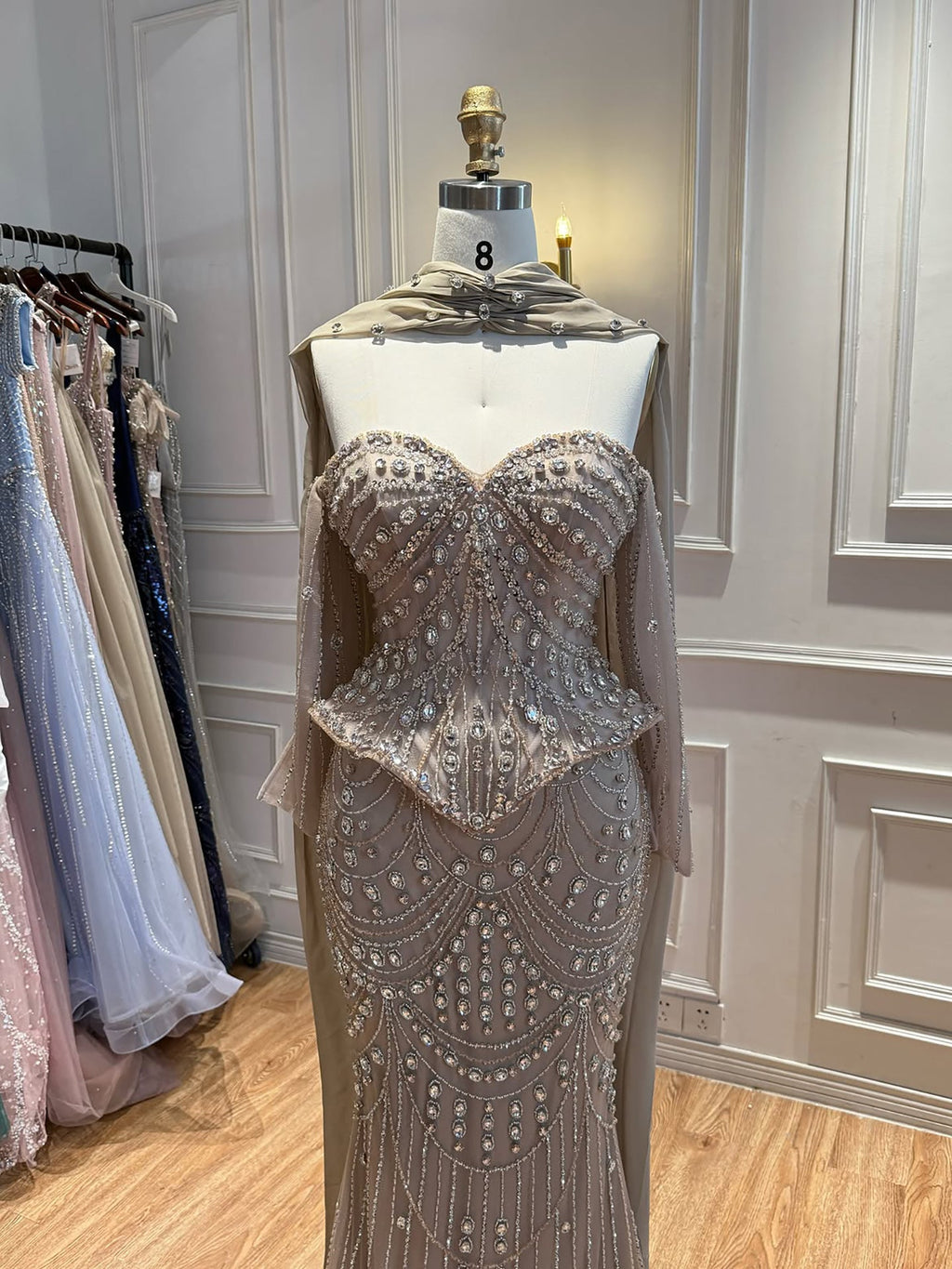 Luxury Caramel  Crystal Beaded Mermaid Off Shoulder Evening Dress CLA73686A