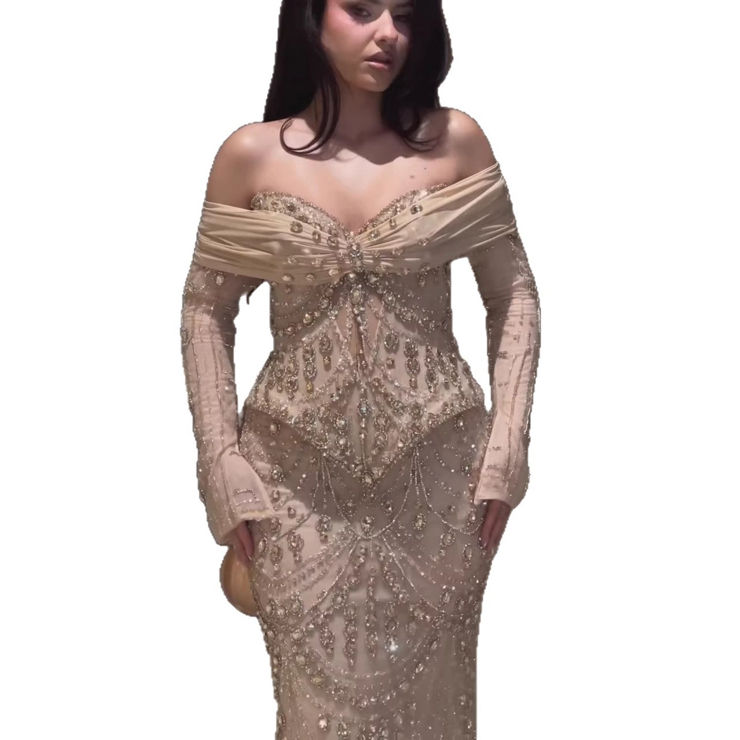 Luxury Nude Crystal Beaded Mermaid Off Shoulder Evening Dress CLA73686A
