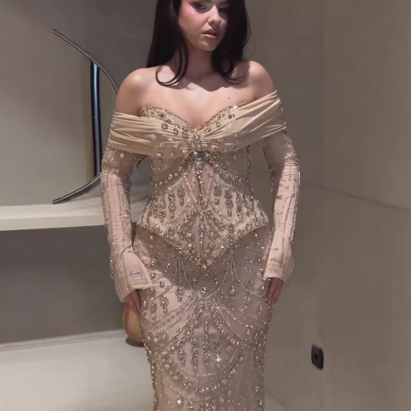 Luxury Nude Crystal Beaded Mermaid Off Shoulder Evening Dress CLA73686A