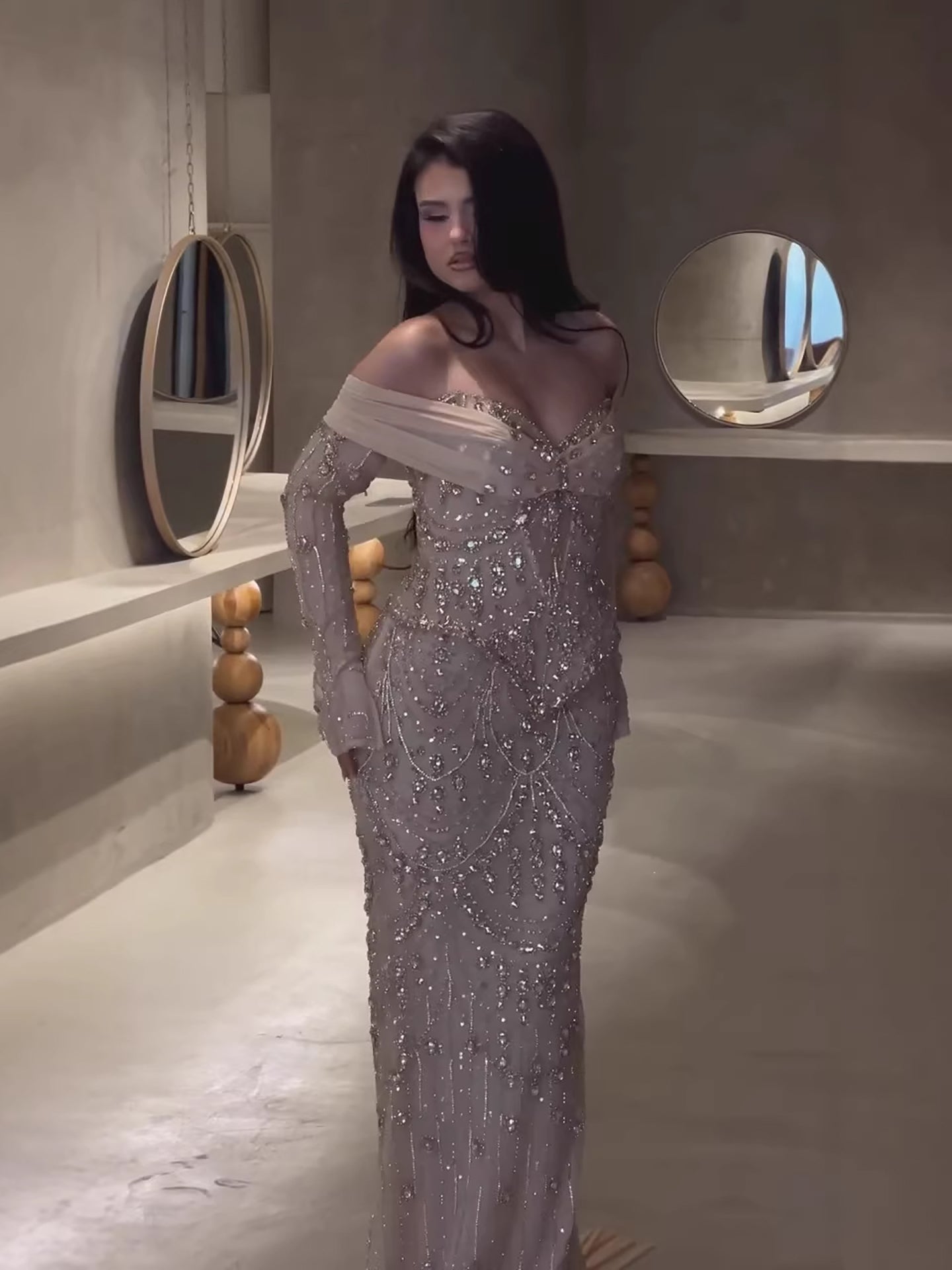 Luxury Nude Crystal Beaded Mermaid Off Shoulder Evening Dress CLA73686A