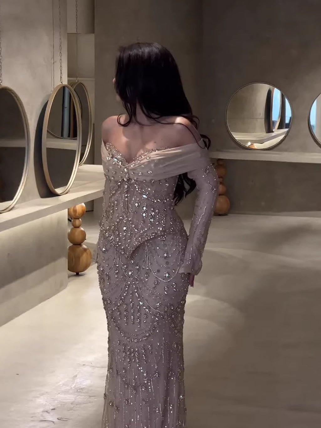 Luxury Nude Crystal Beaded Mermaid Off Shoulder Evening Dress CLA73686A
