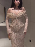 Luxury Nude Crystal Beaded Mermaid Off Shoulder Evening Dress CLA73686A