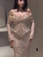 Luxury Nude Crystal Beaded Mermaid Off Shoulder Evening Dress CLA73686A