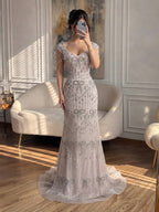 Luxury Pink Crystal Tassel Beaded Bow Mermaid Evening Dress LA73696A