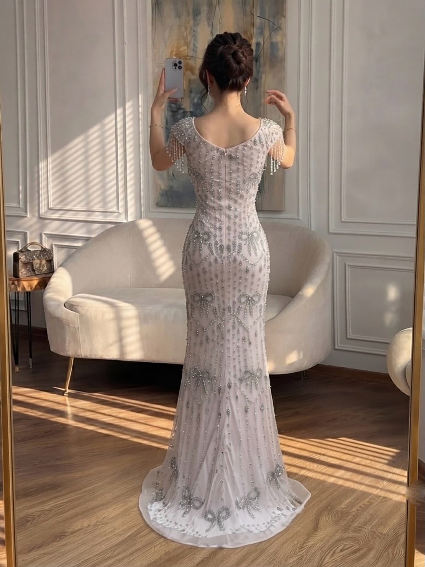 Luxury Pink Crystal Tassel Beaded Bow Mermaid Evening Dress LA73696A