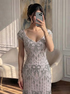 Luxury Pink Crystal Tassel Beaded Bow Mermaid Evening Dress LA73696A
